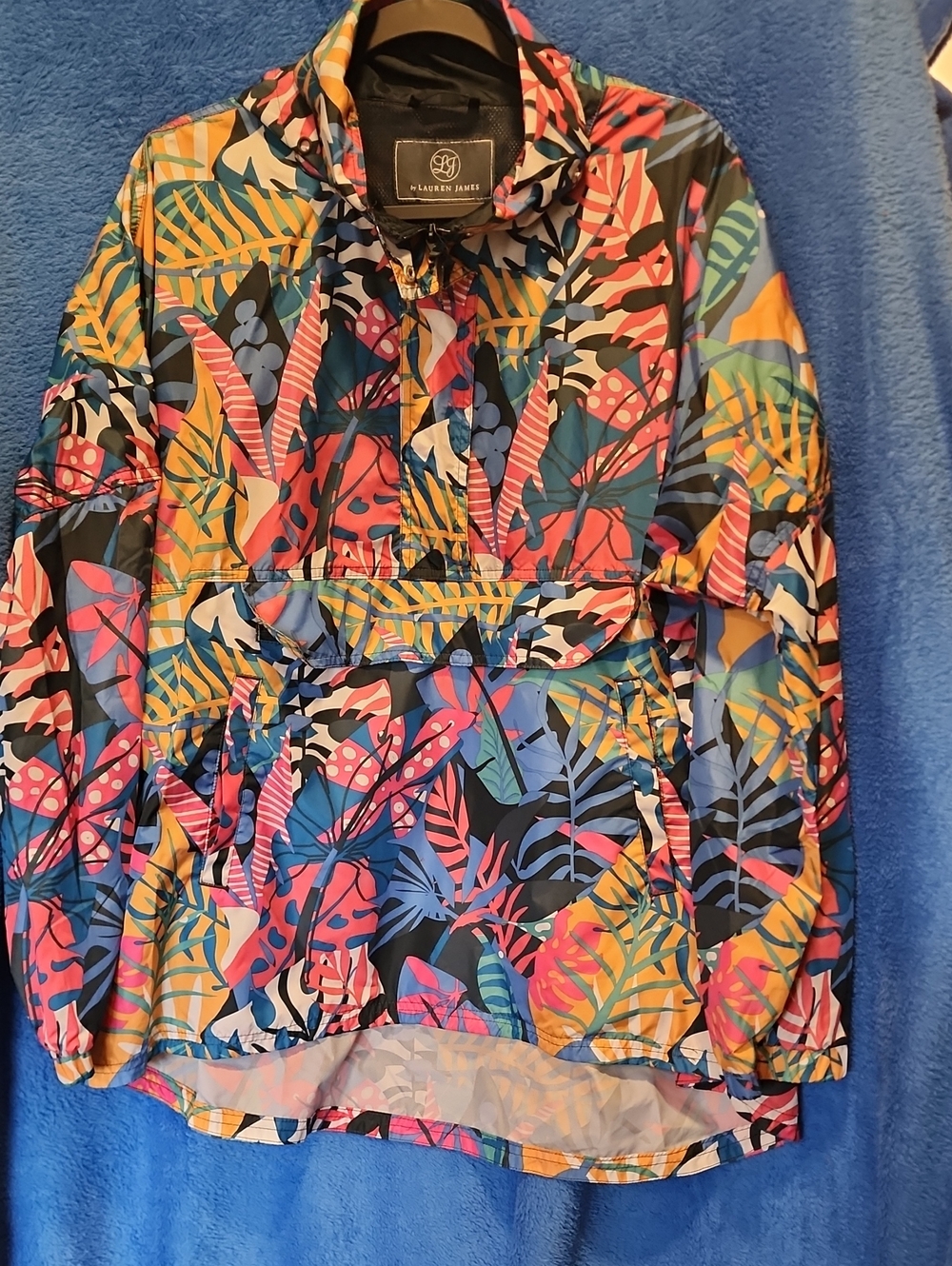 Lauren James Tropical Leaf Print Anorak Hooded Jacket- Multicolor Lt. Weight XXL